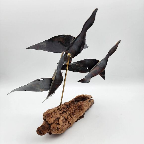 Vintage Curtis Jere Metal Bird Sculpture Flying Geese Wood Base 11x11" Brutalist - Picture 7 of 15
